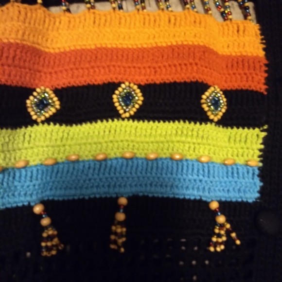 Vintage Berek Beaded Crochet Boho Aztec Cardigan, XL - Picture 15 of 16